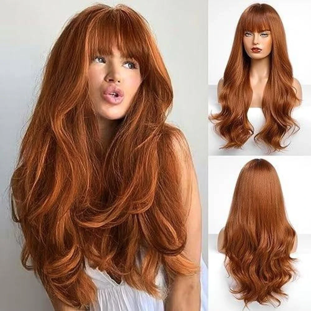 Long‎ Wavy Ginger Copper Wig with Bangs Synthetic Heat Resistant Red Orange Hair